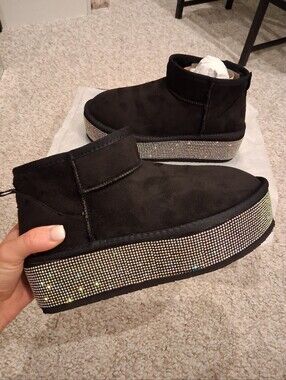 Black Platform Rhinestone Ankle Boots - 8.5